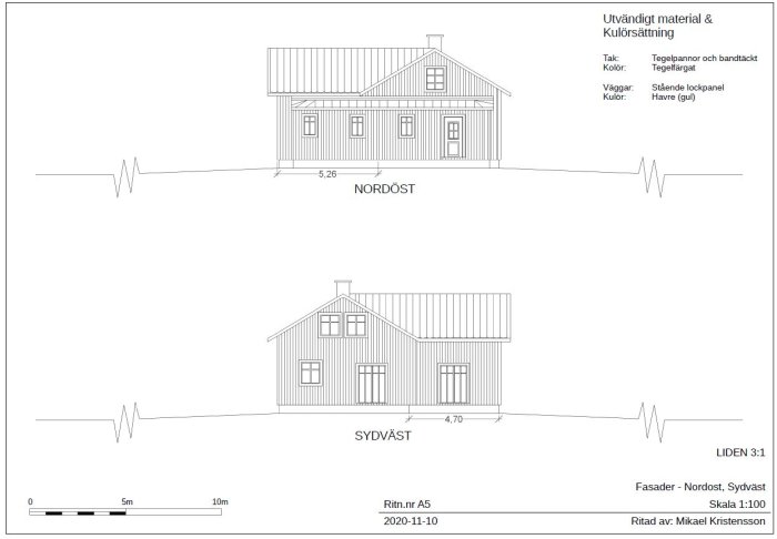 Arkitektoniska ritningar av en byggnad, fasader mot nordöst och sydväst, angiven skala och materialfärg.