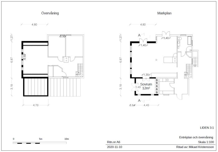 Ritningar över två våningar i en bostad: övervåningen och markplan, med dimensioner och layout.