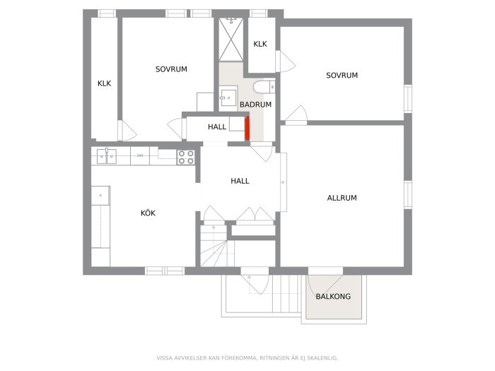 Schematisk lägenhetsplan, två sovrum, kök, allrum, badrum, balkong, hallar, klädkammare.