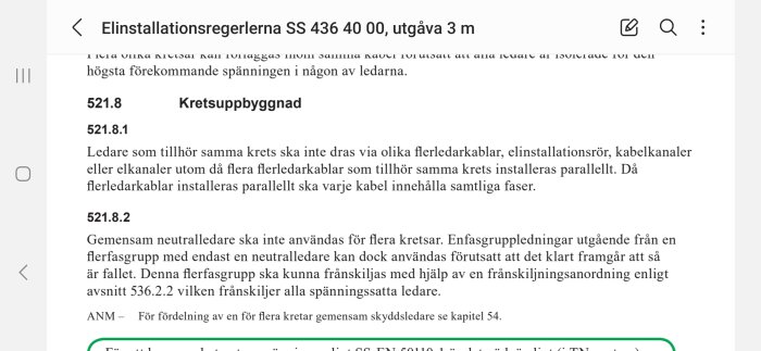 Svensk text om elinstallationsregler, SS 436 40 00, grafisk användargränssnitt för mobil eller surfplatta.