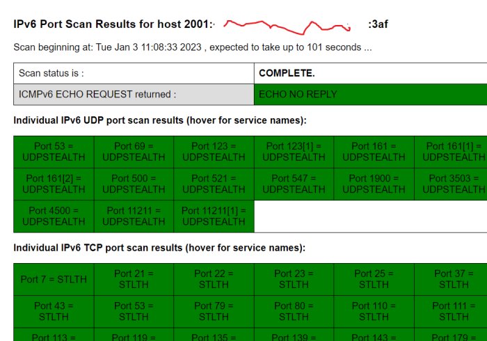 Skärmbild på IPv6-portskanningsresultat; den visar avslutad och stealthiga TCP- och UDP-portar.