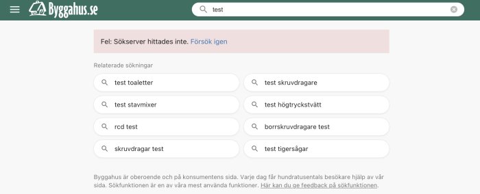 Webbsida med felmeddelande, sökförslag på byggprodukter, och information om sökfunktionens användning.