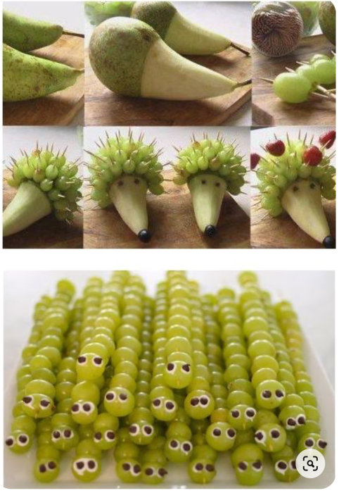Kreativ matkonst med frukt: päron igelkottar och vindruvs katterpillare.