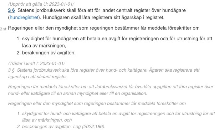 Svensk text om hundägarskapsregister under Jordbruksverket med lagar och avgifter, träder i kraft 2023.