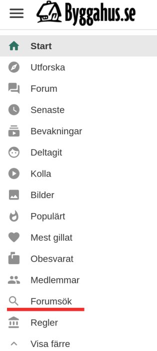 Mobilmeny för webbplatsen Byggahus.se med olika navigationsalternativ som forum, bilder och populära avsnitt.