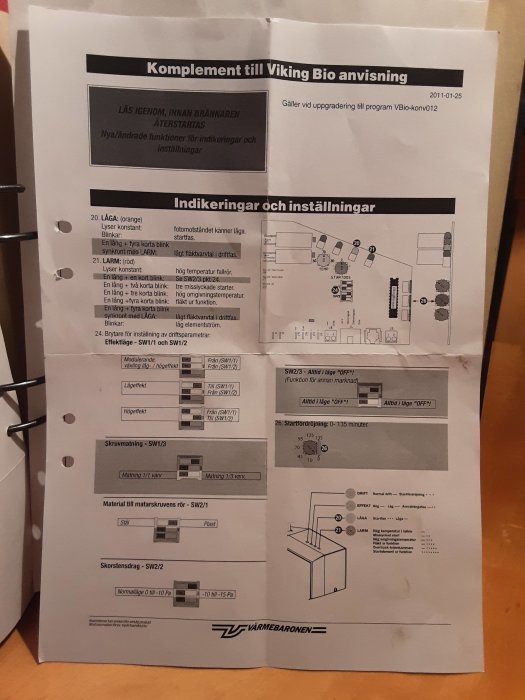 Manual för Viking Bio brännare med indikeringar och inställningar, svartvitt pappersdokument med diagram och text.