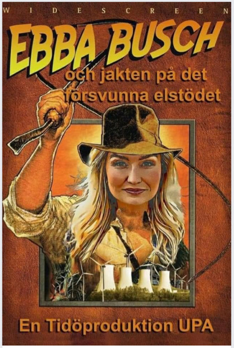 Parodi på äventyrsfilmomslag med kvinna och vindkraftverk i bakgrunden. Titel antyder sökande efter försvunnet föremål.