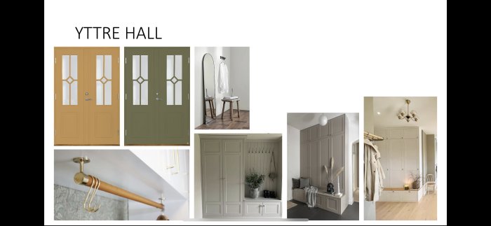 Inredningskollage för entréhall med dörrar, möbler, klädhängare och belysning i beige och gröna toner.