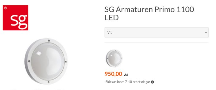 Produktbild på en vit, rund SG Armaturen Primo 1100 LED-lampa, prissatt till 950 kronor styck.