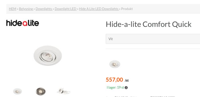 Webbsida som visar vit LED-takspotlight, Hide-a-lite Comfort Quick, pris 557 kronor, 19 i lager.