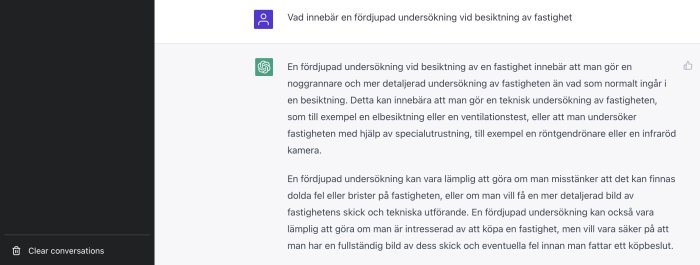 Skärmavbild av text om fördjupad fastighetsundersökning; besiktning, teknisk analys, särskild utrustning nämns.