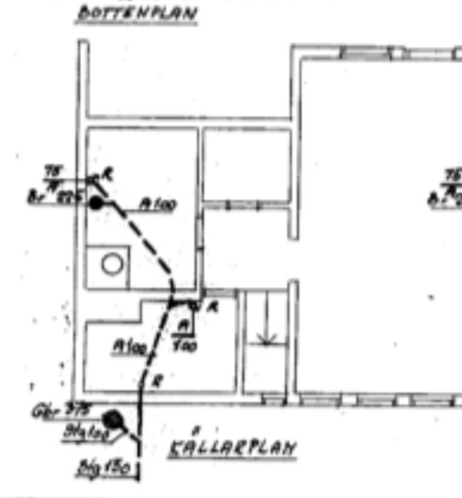 En arkitektonisk ritning av en bottenplan och källarplan för en byggnad eller hus.