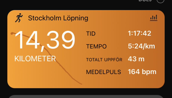 Löpapp visar distans, tid, tempo, höjd, puls i Stockholm.