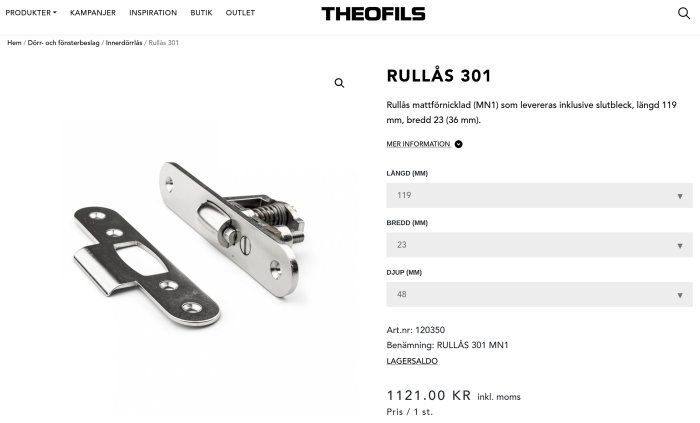 Rullås för inredning, kromat metallfäste, fjäderbelastad, isolerad bild, webbutiksproduktinformation.