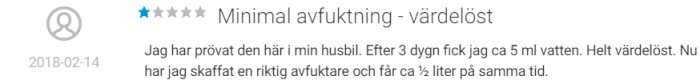 Bild av kundrecension, två av fem stjärnor, besvikelse över produktens avfuktningseffektivitet.