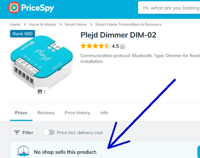Prisspårningssida visar Plejd Dimmer, Bluetooth, 4.5 stjärnor, ingen butik säljer produkten.
