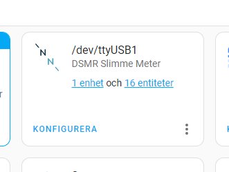 Gränssnitt för enhetskonfiguration, enhet /dev/ttyUSB1, DSMR Slimme Meter, 1 enhet och 16 entiteter, konfigurationsknapp.