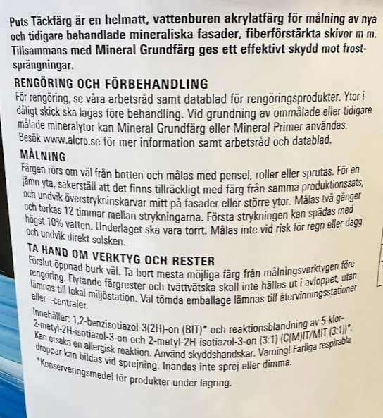 Svensk text om puts, rengöring, målning, verktyg, rester. Produktinformation eller bruksanvisning för byggindustrin.