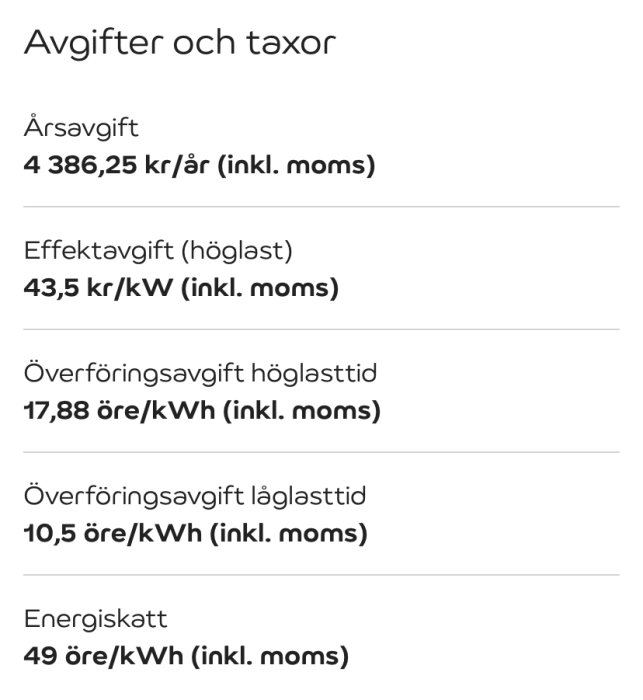 Bild på svenska textlista över avgifter och taxor för el inklusive moms.