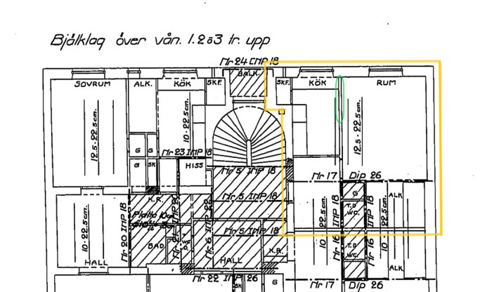 Arkitektonisk ritning, lägenhetsplan, sovrum, kök, vardagsrum, badrum, hall, balkong, måtten angivna, strukturellt schema.