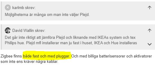 Skärmdump av forumdiskussion om smarta hem-system: Plejd, IKEA, Philips Hue, Zigbee, installationsjämförelser, fast och pluggar.