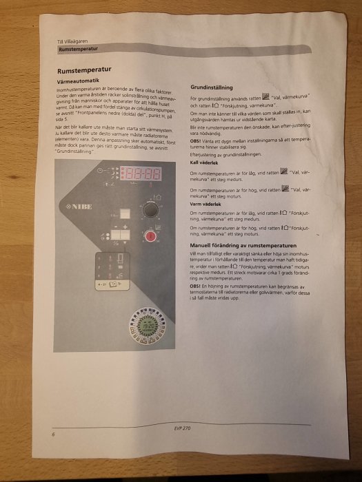 Instruktionsblad för värmeautomatik, rumstemperaturinställningar, och rattar för värmejustering på svenska, med bilder.