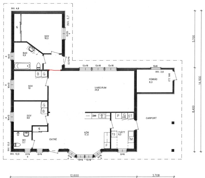 Ritning av enplanshus med sovrum, badrum, kök, vardagsrum, och garage. Måttangivelser och layout visas.