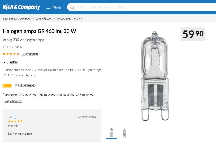 Halogenlampa G9, 33W, 460lm, produktsida med pris och kundrecensioner, onlinebutik för elektronik.