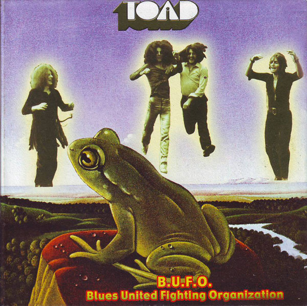 Omslag med groda, musikgrupp i silhuett, retro design, "TOAD" och "B.U.F.O." text, psykedelisk, konstnärlig.