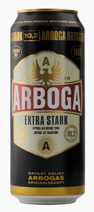 En ölburk av märket Arboga, Extra Stark 10,2%, svart och guld design, svenskt starköl.