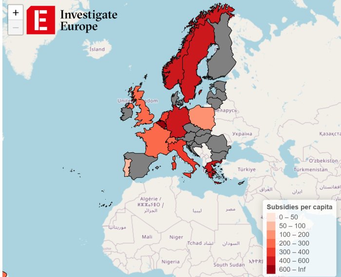 En tematisk karta över Europa som visar subventioner per capita med olika nyanser av rött.