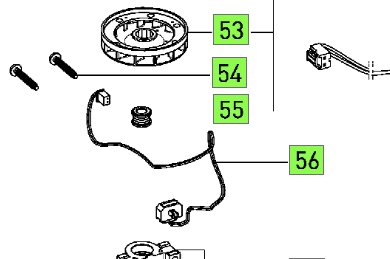 Exploded-view diagram of mechanical parts with labels 53, 54, 55, and 56, part numbers for assembly or ordering.