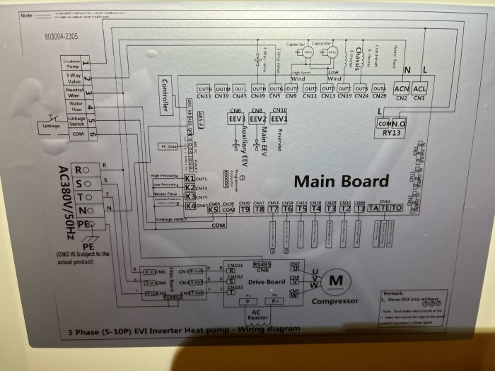 Ett schema över huvudkortet för en invertervärmepump med etiketter och anslutningar. AC 380V/50Hz.