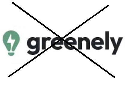 Svart text "greenely" under en grön glödlampsikon, överkryssad med två svarta diagonala linjer.