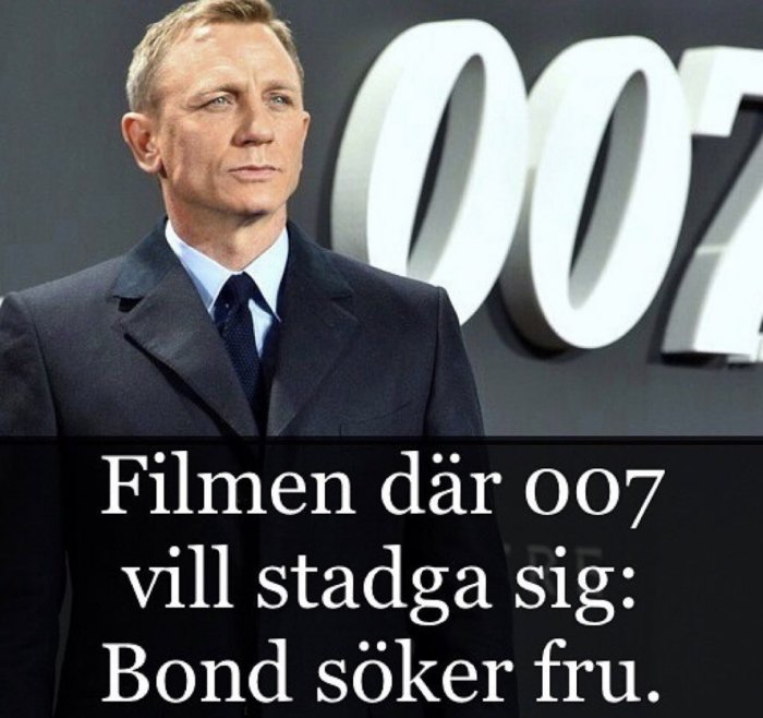 Man i kostym framför 007-logotyp, med textskämt om Bond och dejting.