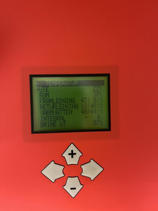 Digital display visar temperaturer, röd vägg, knappsats under skärmen, kontrollpanel för uppvärmningssystem.
