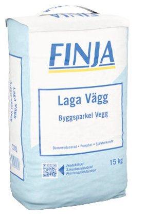En säck med Finja Laga Vägg, byggspackel, vit och blå förpackning, 15 kg, dammreducerad, pumpbar, självutjämnande.