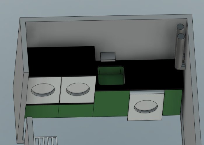 3D-modell, enkel design, kontorsmöblemang, skrivbord, stol, hylla, grå-gröna toner, overheadperspektiv.