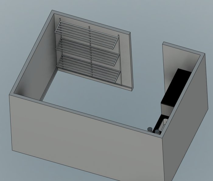 3D-modell av en öppen låda med diskställ och utdragbar frontpanel. Gråtoner, designkoncept.