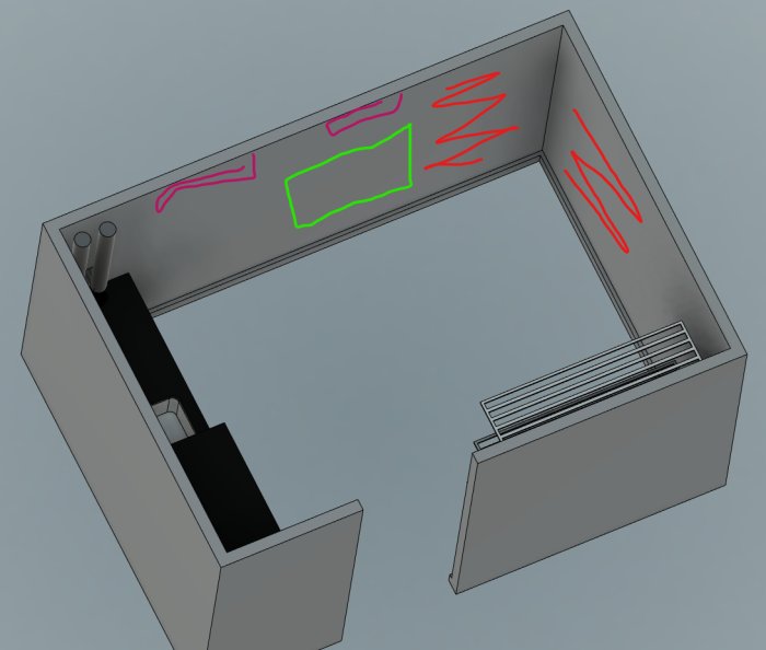 3D-modell av en öppen låda med anteckningar och markeringar, möjligen för designändamål eller konstruktionsöversikt.