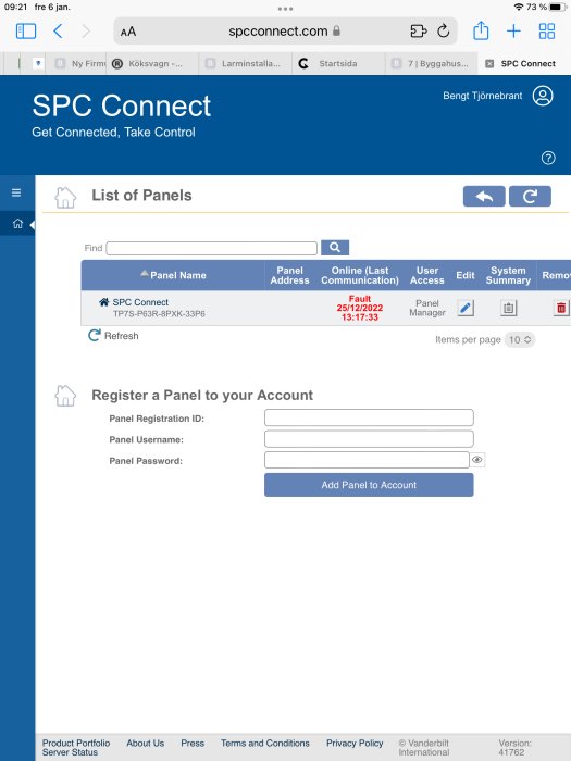 Skärmdump på en webbläsare som visar "SPC Connect" för kontrollpanelsadministration med användare inloggad.