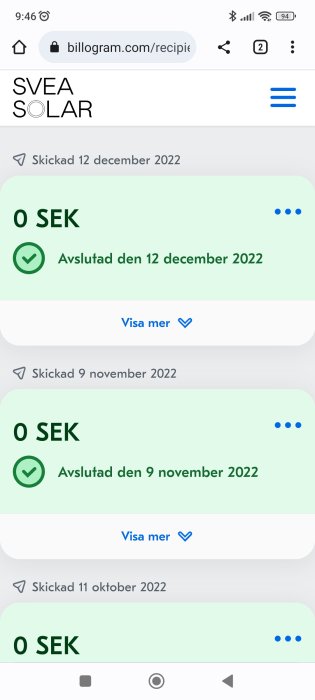 Skärmdump av en mobilskärm som visar betalningar på 0 SEK, avslutade och skickade från Svea Solar.