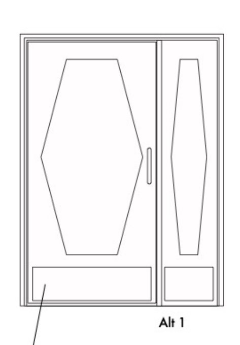 En skiss av en dubbeldörr med geometriska mönster, märkt 'Alt 1'.