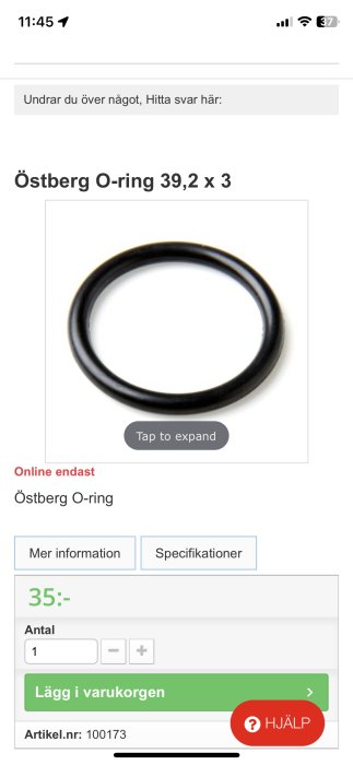 Svart O-ring, onlineförsäljning, sökfält, köpknapp, artikelnummer, produktinformation och priset 35 kronor.