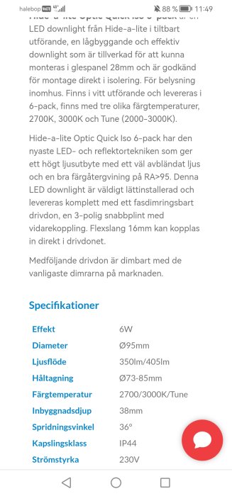 Skärmdump av en svensk produktsida för LED-downlights med teknisk information och specifikationer.