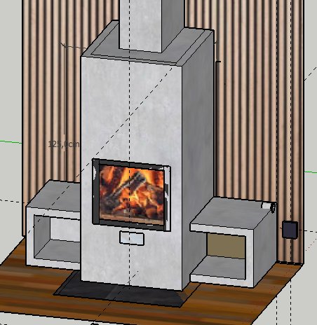 3D-modell av en modern kamin med vedeldning, mätmarkeringar, och integrerade förvaringsutrymmen på en trägolv och brun bakgrund.