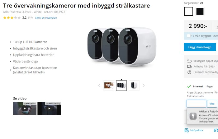 Tre vita övervakningskameror med svarta detaljer och varumärke, onlineproduktsida, pris och funktioner angivna.