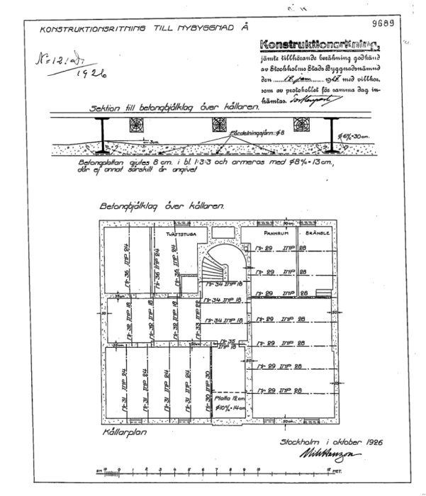 Skannad konstruktionsritning av källarvåning, daterad oktober 1926, med text och måttsatta utrymmen.