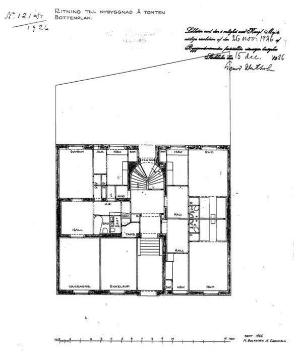 Svartvit ritning av bottenvåning för ett hus, innehåller text och måttsättning; historisk dokumentation från 1926.