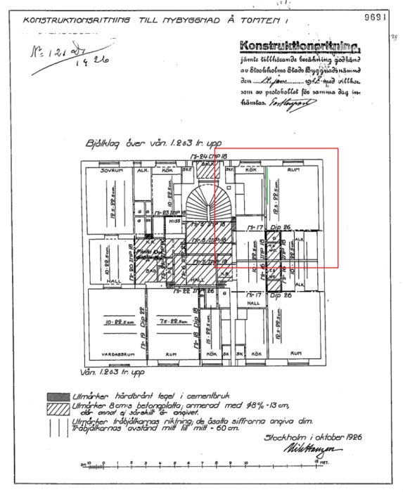 Svensk arkitektonisk ritning av byggnad, markerad del, anteckningar, daterad Stockholm oktober 1926.